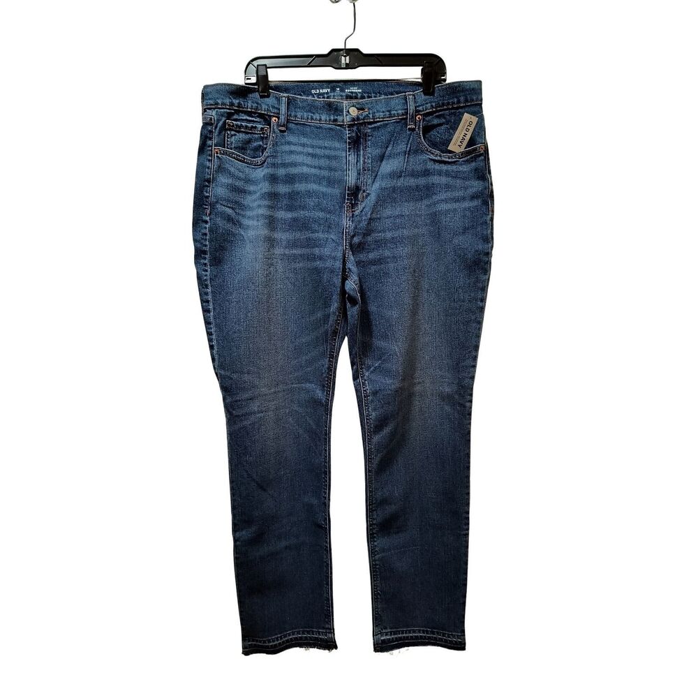 Old Navy Mid-Rise Boyfriend Jeans Women 16 Tall Blue Stretch Denim Raw Hem NWT